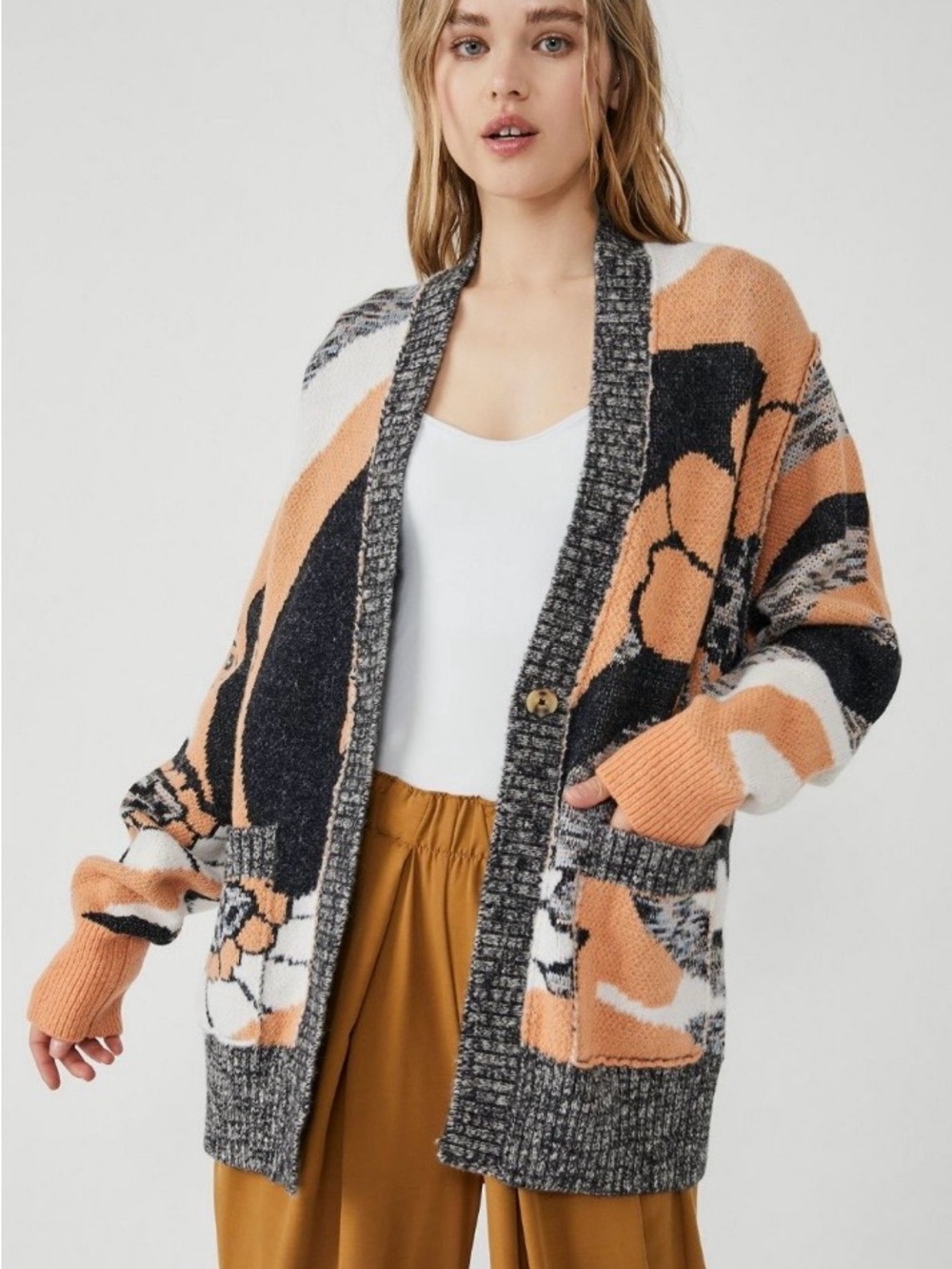 Free People Peach, Black & Gray Floral Patchwork Cardigan